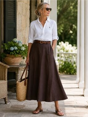Talbots 100% Irish Linen Chocolate Brown Panel Midi Maxi Skirt Size 12